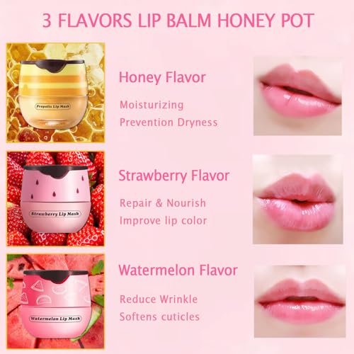 TITIMORE 3Pcs Bee Lip Balm Honey Pot Strawberry Lip Mask Propolis Moisturizing Lip Sleeping Mask Reduces Lip Lines,Hydrating Prevention Dry and Cracked Lip Scrubs Exfoliator Honey Lip Balm Uk - Image 2