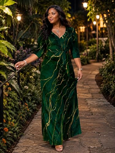 Image of Plus Size Dresses for Women Print Maxi Dresses 3 /4 Sleeve with Belt