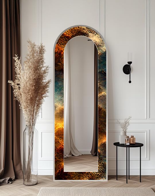 23,5''W x 167''H Stampa Texture Rame fuso - Specchio da pavimento astratto ad arco a tutta lunghezza - Specchio da pavimento macchiato a corpo intero con cornice nera con cornice