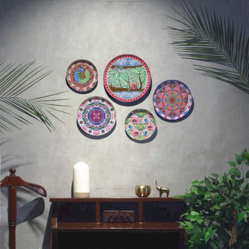 Image of Modern Folk Madhubani Wall Plates - Set of 5 Handcrafted Metal Wall Decor Inspired by Indian Folk Art | Decorative Wall Plates for Living Room, Bedroom & Office