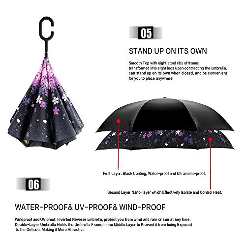 Image of MRTLLOA 40 /49 /56 Inch Oversize Windproof Inverted Reverse Upside Down Umbrella, Golf Size Rain Umbrella, Double Layer, C-Shaped Handle for Men, Women and Kids (Pink Sakura, 49 Inch)