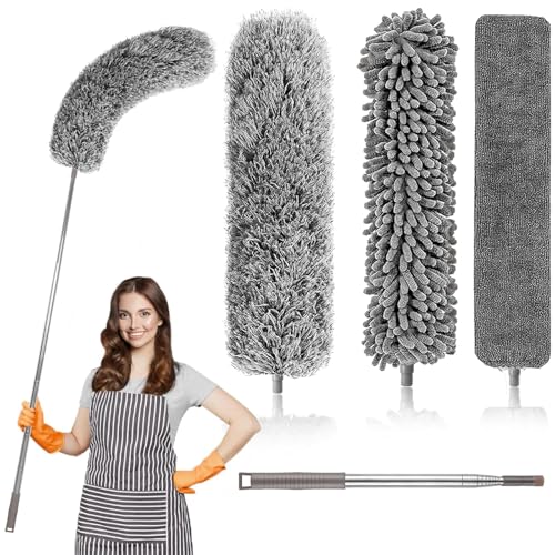 ikeoat Microfiber Feather Duster Kit Dusters for Cleaning Duster with Extension Pole 100 Inches Cobweb Duster Microfiber Dusters for High Ceilings and Fans Blinds Cars and Furniture