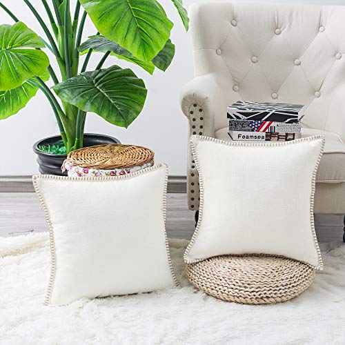 CaliTime Throw Pillow Cases Pack of 2 Cotton Thread Stitching Edges Solid Dyed Soft Chenille Cushion Covers for Couch Sofa Home Farmhouse Decoration 55cm x 55cm Cream - Image 2