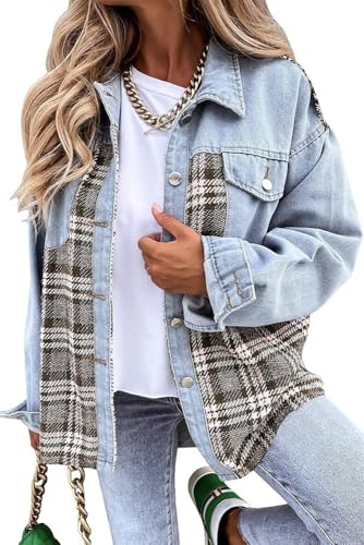 Lawawa Jeansjacke Damen Vintage Denim Jacke mit Karomuster und Patchwork Jacken Boyfriend Distressed Jeans Mantel Übergangsjacke mit Tasche Button Down