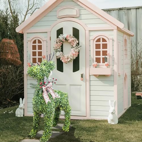 Artificial Deer Topiary, 33 Inch UV-Resistant Faux Boxwood Topiary