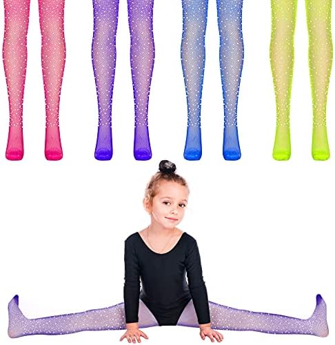 4 Pairs Girl’s Fishnet Tights Fishnet Stockings Glitter Tights Bling Legging Mesh Socks Rhinestone Hollow Out Pantyhose for Halloween Dress up Party