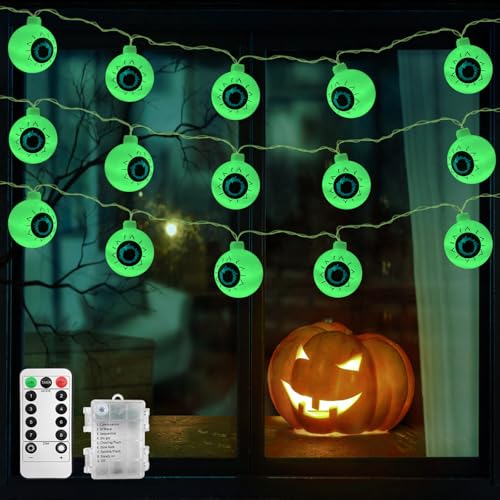 CNMTCCO Halloween Fairy Lights, luci di Halloween, bulbo oculare verde, 8 modalità con telecomando, luci decorative 5 m, 30 LED, luci decorative per interni ed esterni, Haunted House e Pa