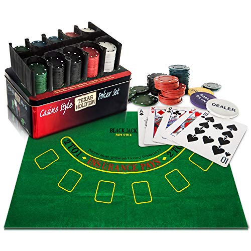 WICKED GIZMOS Professional Casino Style 200 Piece Texas Hold'em Poker and Blackjack Game Play Set with Felt Mat, Chips, Chip Deck, Playing Cards and Tin Gift Box