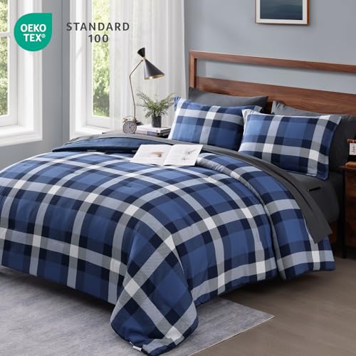 Image of MaiReve Queen Size Plaid Comforter Set Indigo Blue, Classic Checkered 7 Pieces Farmhouse Bedding Set, All Season Lightweight Bed in A Bag with Sheets, Pillowcases & Shams
