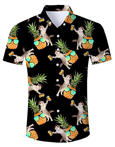 Goodstoworld Hawaiihemd Herren Ananas Hemd Funny Katze Drucke Hemd Aloha Bluse Button Kleid Summer Urlaub Party Strandhemd Hawaiian Freizeithemd Faschings Hawaii Shirt Schwarz L Cover