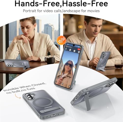 Image of Elzzi MagSafe Compatible Case for Samsung A57 Translucent Matte Bottom Kickstand Shockproof Slim Anti-Fingerprint Magnetic Hybrid Protective Cover (Grey)
