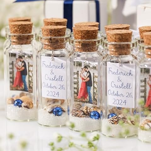 Kseniya Revta Personalized Wedding Favors for Guests - Unique Customized Wedding Party Souvenirs - Save the Date Gifts - Pack of 10+ Creative Bottles (Beach Sand and Shells with Photo, Set of 50) Cover