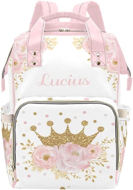 Pink Floral Gold Crown Princess Personalized Diaper Bag Backpack Tote with Name,Custom Travel Nappy Mommy Bag Backpack for Baby Girl Boy Gift,10.83 Inch * 6.69 Inch * 15 Inch