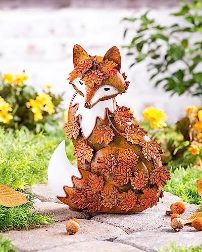 Gardlister Metal Garden Fox Statues Outdoor, Handcrafted Metal Fox Sculpture Draped In Fall Leaves For Patio Lawn Home Decor, Garden Art Decoration Ornament Autumn Fox #TOP2