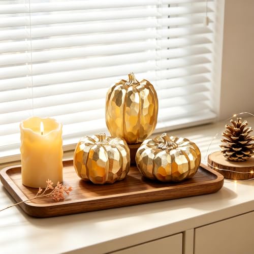 Image of winemana 3 Pack Gold Pumpkins Fall Decorations for Home | Resin, Thanksgiving Decor, Artificial Decorative Pumpkin, For Office Table Mantel Indoor Fireplace Autumn