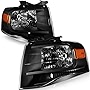 ANGLEWIDE Headlight Assembly Replacement For Ford For Expedition 2007-2014 Black Housing Amber Reflector Clear Lens