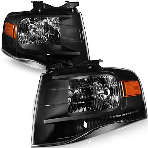 ANGLEWIDE Headlight Assembly Replacement For Ford For Expedition 2007-2014 Black Housing Amber Reflector Clear Lens