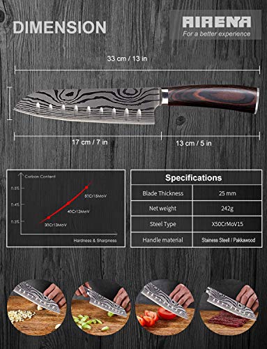 Foto von AIRENA Japanisches Santoku Messer, 7 inch Kochmesser Profi Messer Deutsche Karbon-Edelstahlmesser Extra Scharfe Messerklinge mit Ergonomischer Griff, Beste für Home Kitchen