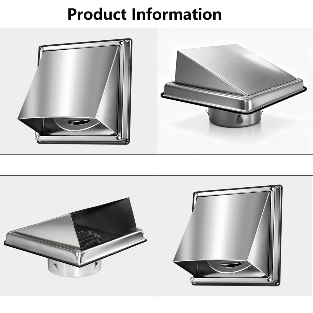 Rejilla de Ventilación de 100/125/150 mm, Campana de Ventilación de Acero Inoxidable con Junta de Estanqueidad, Mosquitera Integrada, para Pared de Vivienda, Fácil de Instalar