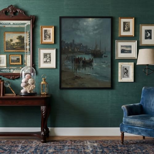 Paisaje Portuario Medieval Modernos Cuadros Decoracion Pintura Al Óleo Antigua Cuadro Y Láminas Grande Gris Oscuro Lienzos Decorativos De Pared Para Comedor Salon Dormitorios 60X80Cm, Sin Marco