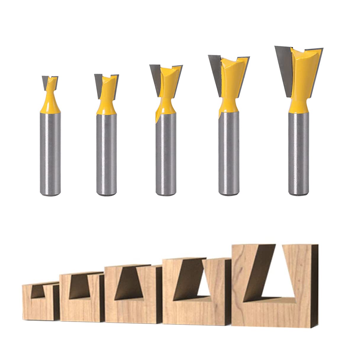 Set di 5 punte da 8 mm con codolo di rondine, per lavorazione del legno, per fresatura a coda di rondine, set di frese comuni [1/4" 1/2" 3/8" 5/8" 3/4"]