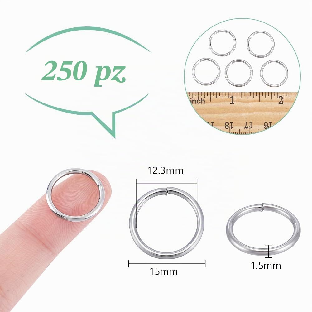 UNICRAFTALE 250 anelli di piegatura in acciaio inox, 15 mm, rotondi, anelli di collegamento in metallo, anelli di piegatura aperti per la produzione di gioielli fai da te come portachiavi accessori