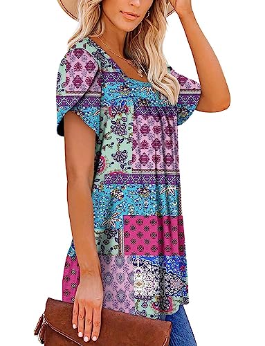 BETTE BOUTIK Womens Summer Tops Short Sleeve Pleated Square Neck Tunics Shirts Blouses S-3XL3