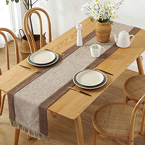 rismart Cotton Linen Tassels Table Runner for Dinning Dresser Table Beige Brown,38 x 180 cm, 38 x 180 cm (Length including tassel) - Image 4