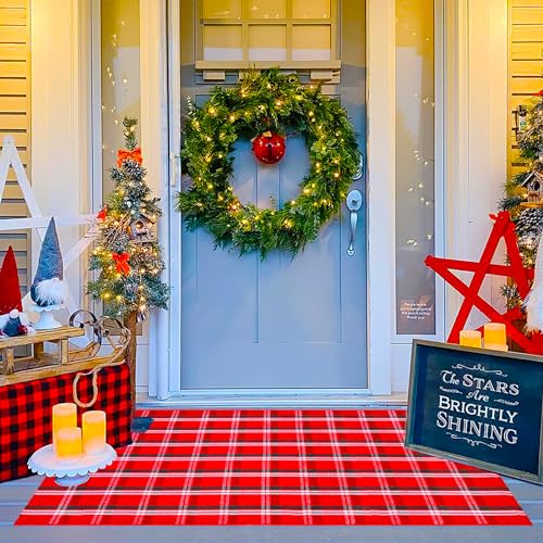 Ckorzen Red Green and White Plaid Rug,3' x 5' Christmas Front Porch Outdoor Rug, Handwoven Cotton Washable Rug for Layered Door Mats, Holiday Entryway and Home Décor