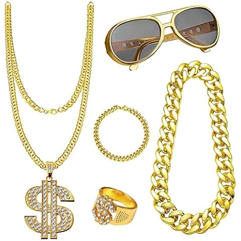 Dearlan 5 Pcs 80s/90s rapper costume Hip Hop Costume Kit Metal Chain Flat Top Sunglasses Rapper Big Links Chain Necklace and Bracelet for Men Women 80s 90s Costumes Cosplay Cover