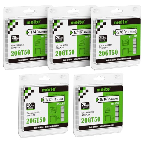 meite T50 Staples, Assorted 5 Sizes (1/4", 5/16", 3/8", 1/2" and 9/16") Staples for Staple Gun, 7,560 Counts, Galvanized, 20 Gauge 3/8" Crown, Ideal for Upholstery, Construction, Furniture, Crafts