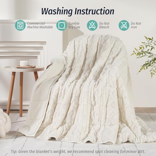 Wemore Weighted Blanket for Adults Twin Size 15 lbs, Dual Sided Soft Fuzzy Jacquard Sherpa Weighted Blankets for Sleeping, Cozy Fluffy Knitted Heavy Blanket for Couch Bed, Cream White, 60 x 80 inches