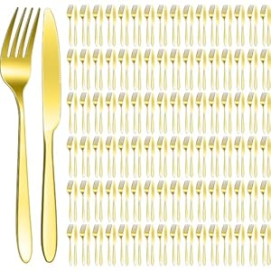 Nuenen 100 Pieces Stainless Steel Forks Dinnerware Set, Dinner Forks and Dinner Knives Flatware Set Tableware Cutlery Set for Butter Kitchen Restaurant Hotel Home, Dishwasher Safe (Gold)