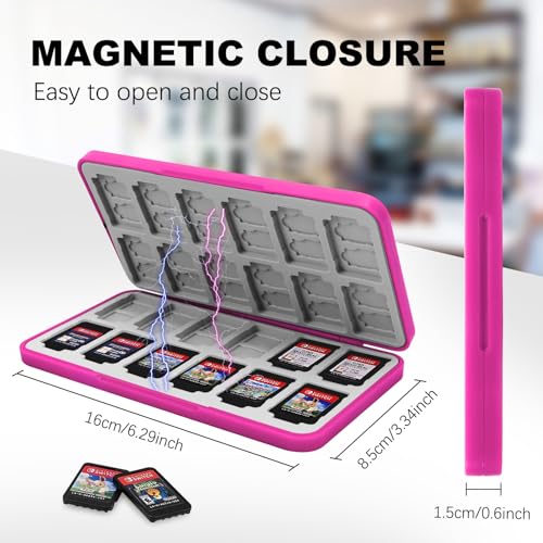 Image of FYY Nintendo Switch Game Case Holder for Switch 2 Cartridge Case with 24 Game Card Slots & 48 Micro SD Card Slots, Hard Shell, Silicone Lining Magenta