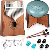Resholder Rain Drum for Outside Garden Thumb Piano Kalimba Musical Instruments Set 8 Notes 6 Inches Steel Tongue Drum 17 Keys Finger Piano for Adult Beginners Gift for Christmas(Moss-flower Blue)