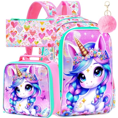 Image of WZLVO 3PCS Kids Backpack for Girls, Unicorn Dinosaur Animal Prechool Elementary Kindergarten School Bookbag with Lunch Box