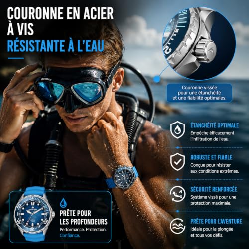 NORTH EDGE Triton-TI Montre de plongée Solaire Homme, boîtier en Titane, étanche 300 m/30 ATM, Lunette céramique unidirectionnelle, Couronne vissée, Bracelet Silicone Bleu – vue 5