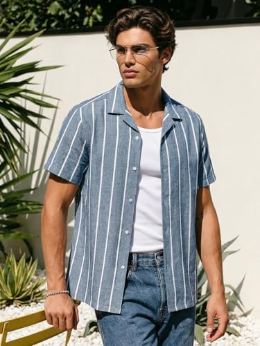 Image of Urbano Fashion Men's Cotton Half Sleeve Relaxed Fit Linen Striped Shirt with Cuban Collar