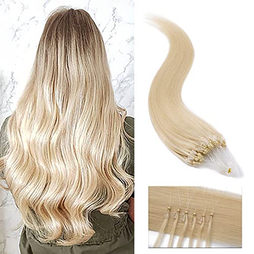 SEGO Micro Ring Hair Extensions Micro Links Human Hair Extensions Micro Beads Loop Remy Hair Piece Cold Fusion Nano Rings Tipped Straight Real Hairpiece 50g 100 Strands 24inch 60# Platinum blonde