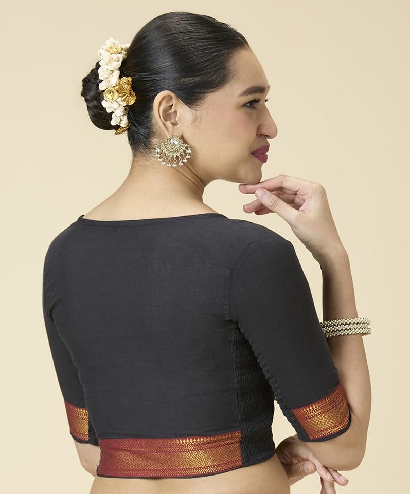 Image of Studio Shringaar Women's Handloom Cotton Stretchable (Smocked) Saree Blouse with Temple Zari Border