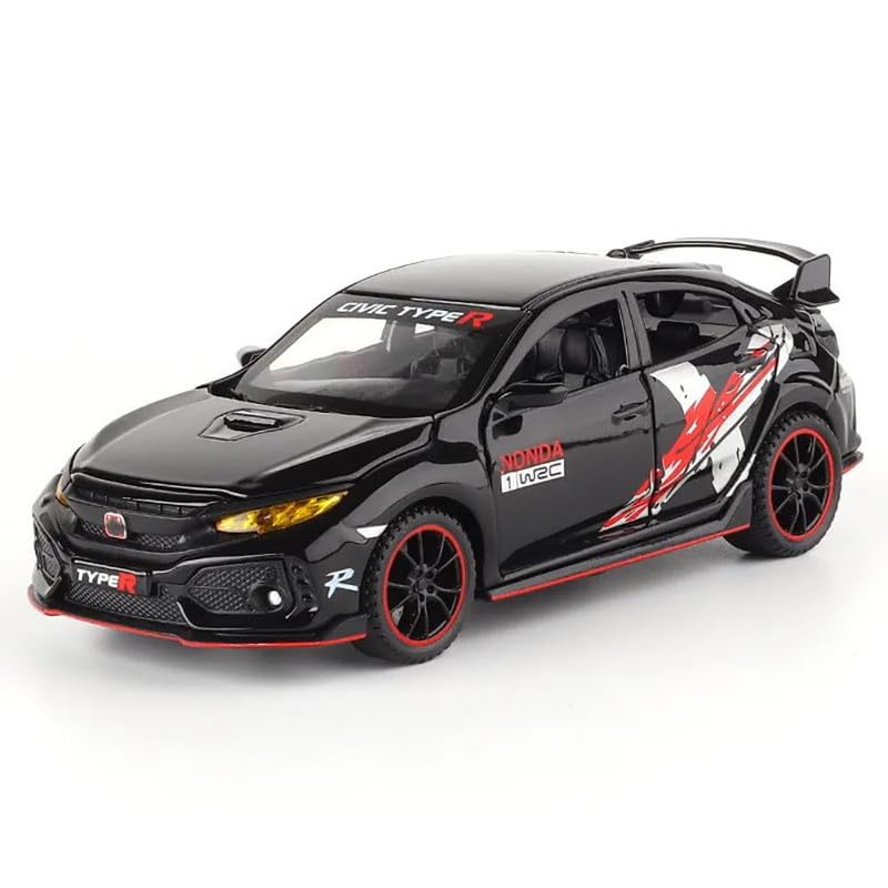 Image of PINQUE Kids New Car 1:32 Civic Type R Diecast Alloy Metal Pull Back Car with Openable Doors Music Sound and Light Vehicle Toy Car for Boys (Black)