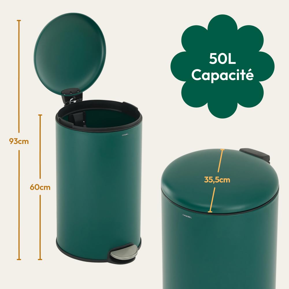 CASABEL Poubelle Cuisine Ronde 50L, Acier Inoxydable, Vert | Ouverture à pédale, Fermeture douce, Acier inox anti-traces, Anneau maintien du sac, Poignée de transport, Entretien facile