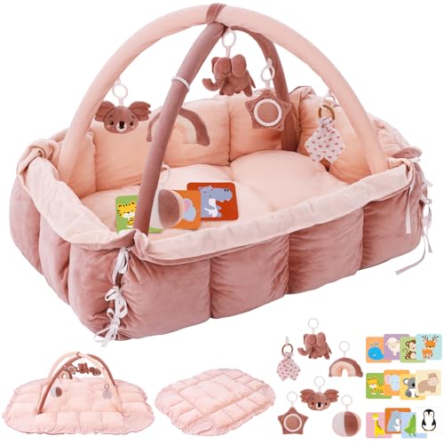 Image of 5-in-1 Plush Baby Play Gym, Baby Play Mats, Convertible Baby Gym, Tummy time mat, 6 Sensory Toys, Activity Center, Ball Pit, Pink