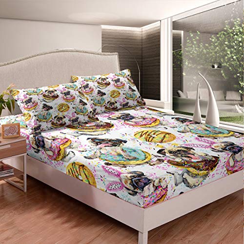Erosebridal Dog Bedding Set Deep Pocket, Dessert Donuts Fitted Sheet for Kids Boys Girls Cute Puppy Sheet Set Full Size Lovely Pug Animal Confetti Bed Sheet 3 Pcs with 2 Pillow Cases