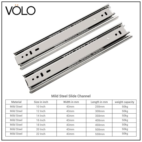 Image of Volo Heavy Duty Drawer Slides, Full Extension Ball Bearing Runners | Pack of 2 Piece | Channels for Kitchen Cabinets, Wardrobes, and Dressers (Mild Steel, 10 Inch)