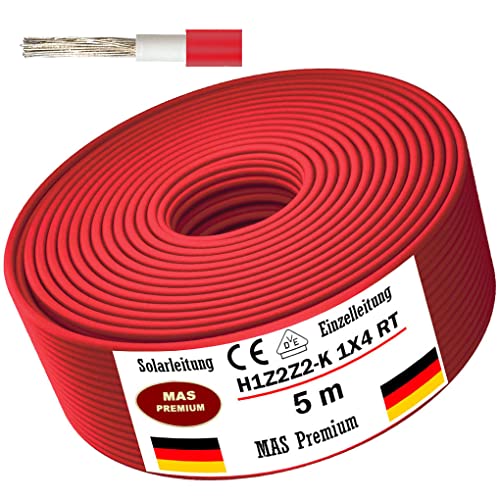 Solarleitung H1Z2Z2-K 4 6 oder 10 mm Von 5 bis 200m Solarkabel Schwarz Rot oder Blau Erdverlegbare Einzelleitung Photovoltaik Halogenfrei Doppelt isoliert (H1Z2Z2-K 4 Rot 5m)