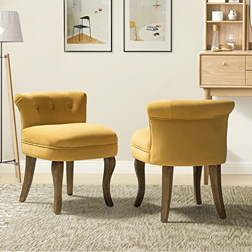 HULALA HOME Velvet Vanity Chairs with Low Back Modern Vanity Stool with Solid Wood Legs Small Upholstered Makeup Chair for Bedroom Living Room Dressing Women Girls Set of 2 Mustard
