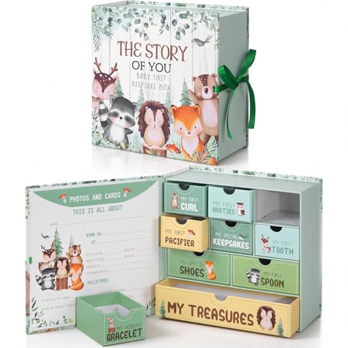 Beeveer Baby Keepsake Box Newborn Memory Organizer with 9 Labeled Compartments First Keepsake Book Gift Box for Pregnancy MotherS Day Baby Shower New Maternity(Woodland)