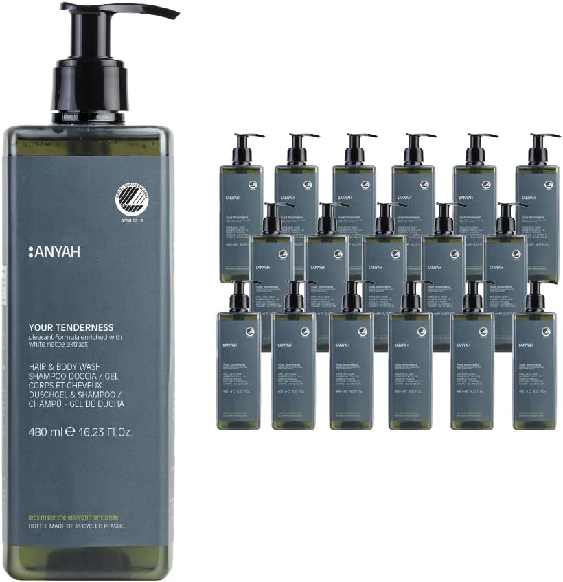 ANYAH Gel de Ducha y Champú - 18 x 480 ml - Gel de Baño Delicado con Ortiga Blanca - Jabón Cuerpo Vegano - Certificado Ecolabel