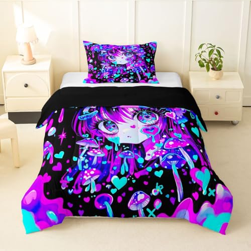 Image of Erosebridal Japanese Girl Bedding Twin,Cartoon Girly Comforter Set 3D Anime Gifts Bed Sets Colorful Graffiti Print Duvet Insert 2 Pieces
